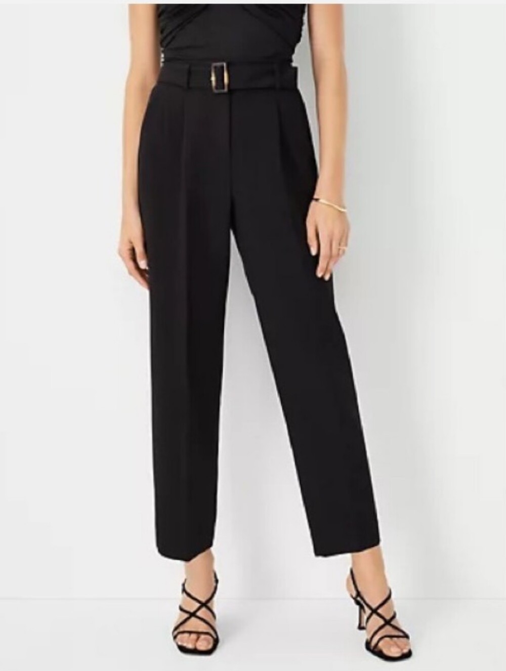 ANN TAYLOR Taper Leg Pants Black High Waist Pleat Front Capsule Belt Trouser